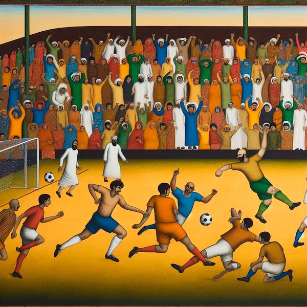 Voetbalwedstrijd met diverse teams en een gebalanceerde score Twee voetballteams spelen op een levendig veld met een cultuur van gelijkheid