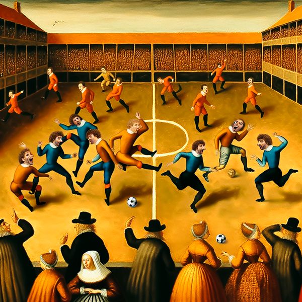 Humoristische Voetbalwedstrijd in Jan Steen Stijl Twee teams spelen een intense voetbalwedstrijd terwijl toeschouwers juichen