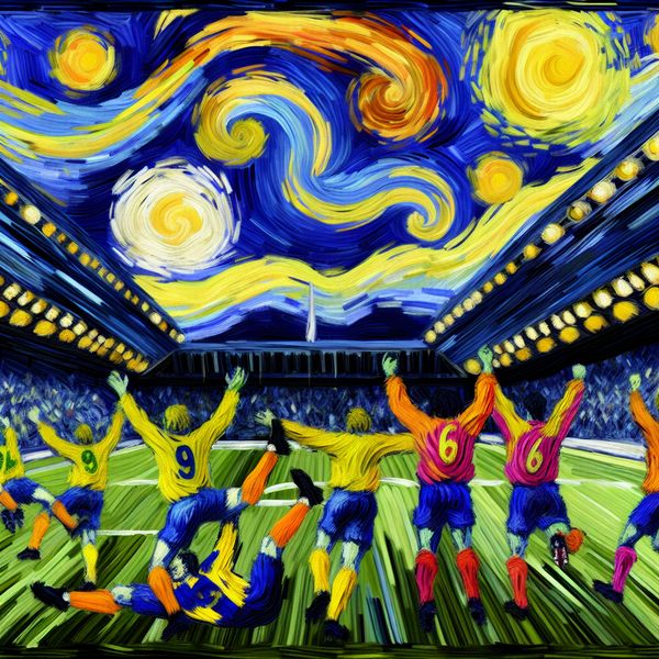 Voetbalwedstrijd in Van Gogh-stijl met winnend team dat juicht en verliezend team dat teleurgesteld is, emotionele sportmomenten