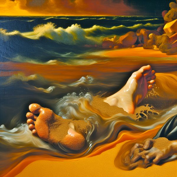 Voeten die wegzinken in nat, gouden zand aan de rand van een kolkende zee onder een stormachtige lucht, barokke stijl