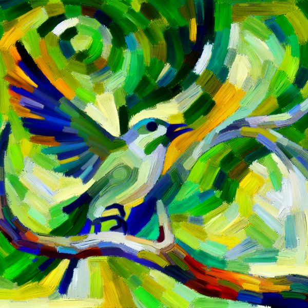 Vogel Landend op Tak - Abstracte Expressie Abstracte impressie van een vogel die op een tak landt, gevangen in een moment van beweging met kleurrijke penseelstreken.