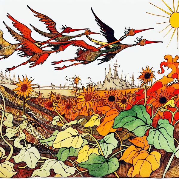 Stijlvolle cartoonvogels vliegen in formatie naar het zuiden, omringd door een herfstlandschap met zonnebloemen en gouden zonlicht, ter illustratie van bewegingsrichting en ligging