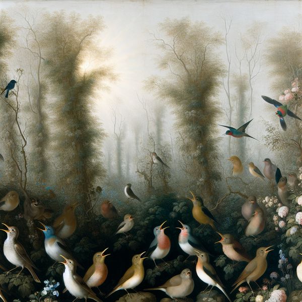 Vogels Zingen in een Lente Tuin Een serene lente-scène in een weelderige tuin met vogels die op bloeiende bomen zitten en zingen.