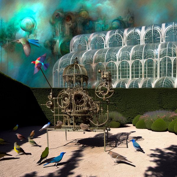 Buitenlandse tuin met vogelvangapparaat en surrealistische architectuur Een prachtig ingericht vogelvangapparaat in een buitentuin met surrealistische architectuur op de achtergrond.