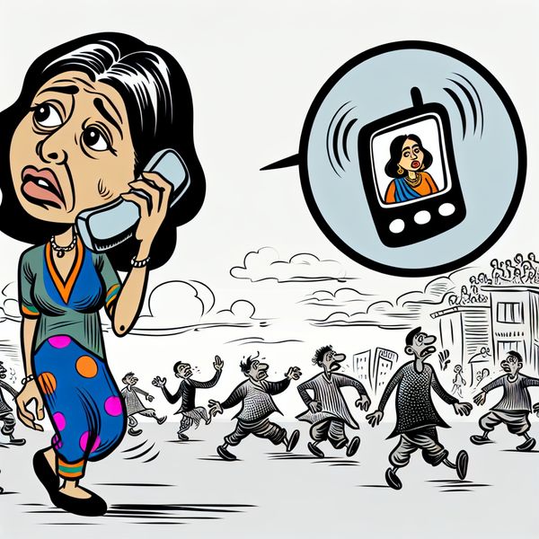 Voicemail Cartoon in Marten Toonder Stijl Cartoon van een persoon met verbaasde blik die naar een voicemail luistert
