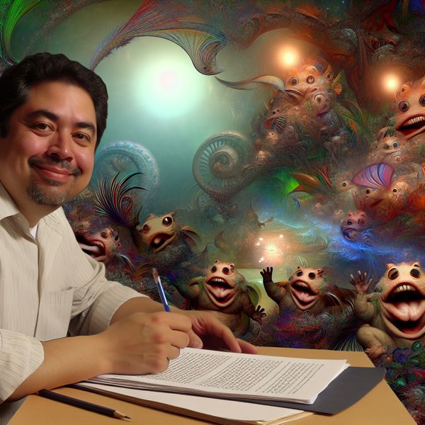 Surreële scene van voldoening na hard werken Een middelbare man zit tevreden aan een bureau, omringd door bizarre en fantasierijke wezens die vreugde vieren. Hij houdt een voltooid projectdocument vast.