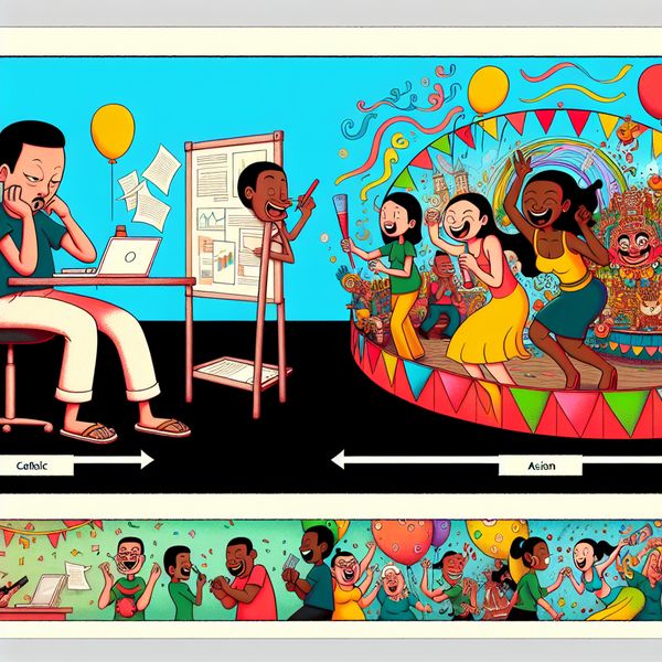 Volgorde van Activiteiten in een Speelse Cartoon Een speelse cartoonafbeelding die een reeks gebeurtenissen toont: een personage werkt aan een rapport, een ander bereidt een presentatie voor, en een derde viert een feestje met ballonnen en confetti.