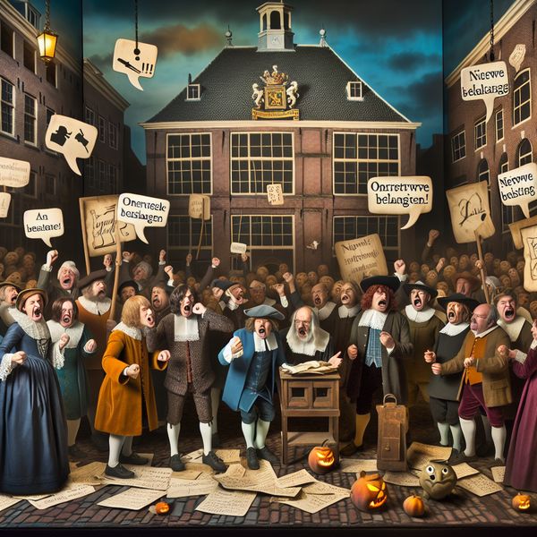 17e-eeuwse Nederlandse markt vol boze burgers die protesteren tegen nieuwe belastingen, in de levendige stijl van Jan Steen