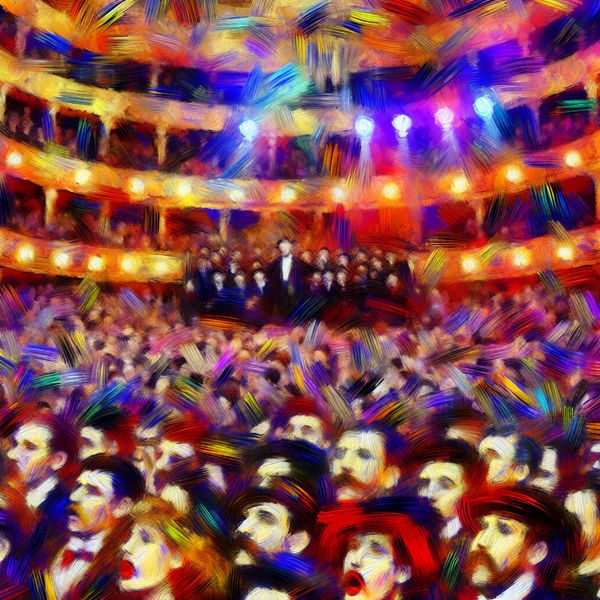 Volle bezetting concertzaal abstract expressionisme schilderij Abstract expressionistische weergave van een volle concertzaal met een drukke bezetting, energieke penseelstreken en levendige kleuren