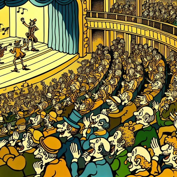 Volle bezetting concertzaal met levendige menigte - taal leren Nederlands Drukbezochte concertzaal vol enthousiaste toeschouwers van alle leeftijden tijdens een levendig optreden, in stripstijl van Marten Toonder