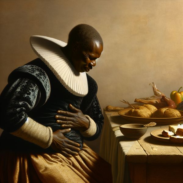 Schilderij van een persoon met een volle buik na een overvloedige maaltijd, zittend aan een tafel met restjes eten en wijn