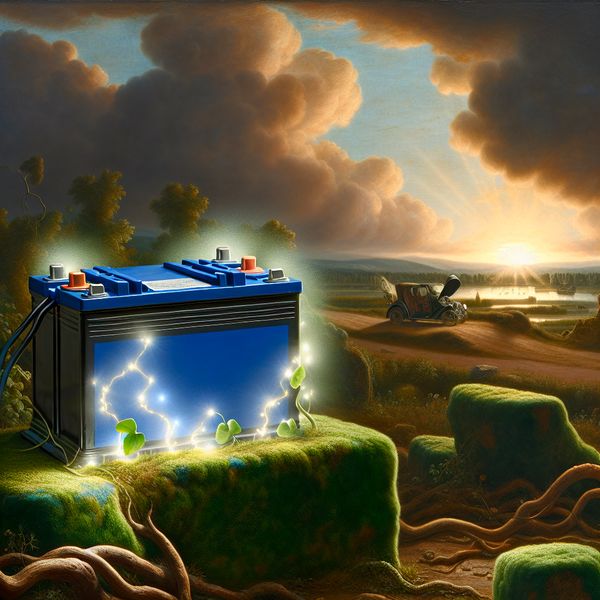 17e-eeuws Nederlands landschap met een gloeiende autobatterij die een volle lading symboliseert, geïnspireerd op Jacob van Ruisdael