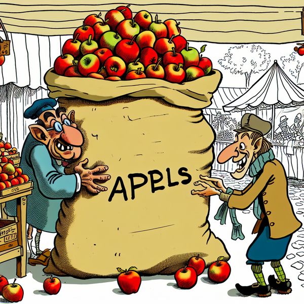Grappige cartoonmarkt met een verkoper die een zware, uitpuilende zak appels verkoopt aan een klant, ter illustratie van de hoeveelheid die in een zak past