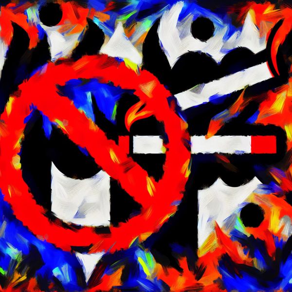 Volledig rookverbod abstract kunstwerk voor taalonderwijs en bewustwording Abstract kunstwerk in stijl van Karel Appel met een rookverbodssymbool in felle kleuren, volledig verboden zonder uitzonderingen