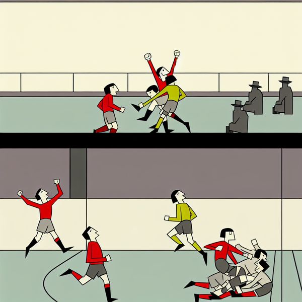 Minimalistische illustratie van twee voetbalteams: het winnende team juicht in felle kleuren, het verliezende team is terneergeslagen in grijstinten