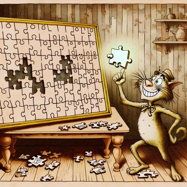 Cartoon van een bijna voltooid puzzelstukje dat gloeit boven de juiste plek, met een blije kat die het laatste stukje vasthoudt in de stijl van Marten Toonder