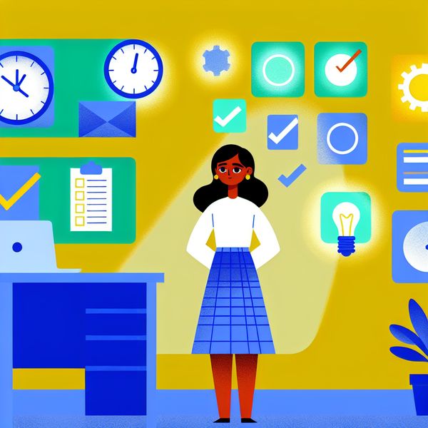 Volledige toewijding in alle opzichten - minimalistische illustratie voor taalonderwijs Minimalistische illustratie van een toegewijde vrouw in een opgeruimd kantoor met zwevende taakicoontjes zoals een klok, checklist en lampje, symboliserend volledige inzet in alle opzichten