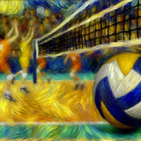 Dynamische volleybal in de lucht tijdens een spannende wedstrijd in een sportzaal, geschilderd in de stijl van Vincent van Gogh met expressieve penseelstreken