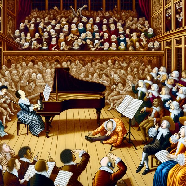 Volmaakte uitvoering: pianist speelt foutloos in concertzaal met bewonderend publiek Pianist speelt volmaakt op een grand piano in een volle concertzaal met aandachtig publiek, in de stijl van Jan Steen