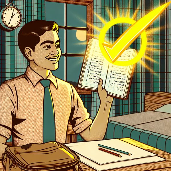 Voltooid huiswerk: retro illustratie van student met vinkje klaar Student met een glimlach houdt een voltooide huiswerkschrift omhoog met een gloeiend geel vinkje erboven in een retro-futuristische slaapkamer