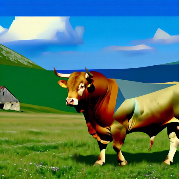 Volwassen Stier in Groene Wei - Boerlandschap Volwassen stier met krachtige spieren, vrij rondlopend in een groene wei met golvende heuvels en een heldere blauwe lucht op de achtergrond.