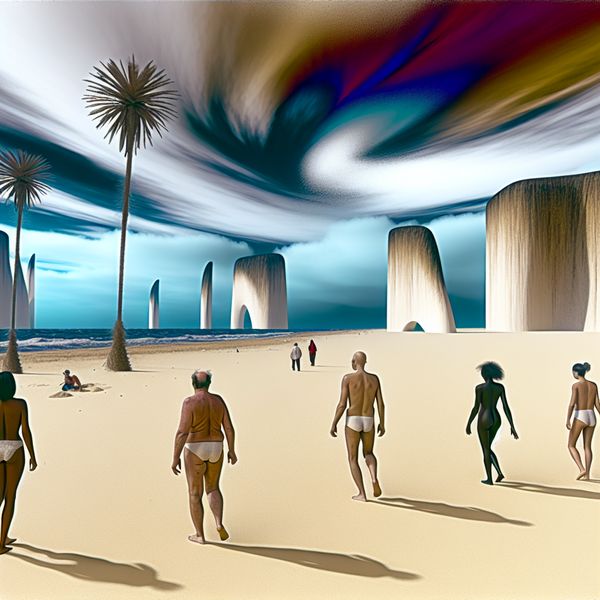 Volwassenen die doelloos wandelen op een verlaten strand Hyper-realistische afbeelding van volwassenen die doelloos rondwandelen op een verlaten strand, met een dramatische lucht