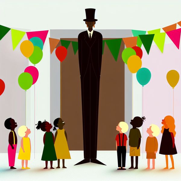 Volwassenheid en Kinderen bij een Feest Een minimalistische illustratie van een volwassen figuur bij een kleurrijk feest met ballonnen, omringd door vrolijke kinderen.