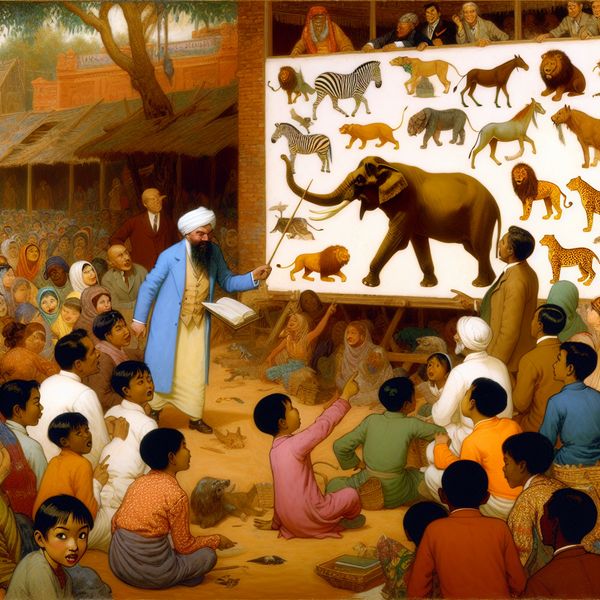 Voorbeeld geven met dierenillustratie in levendige Jan Steen-stijl Levendige klas of marktscène met een leraar die naar een bord wijst met dieren, waaronder een olifant, als voorbeeld ter illustratie