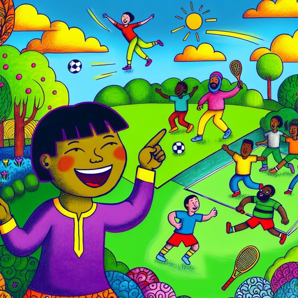 Voorbeelden van Sportactiviteiten in een Cartoon Een cartoonfiguur in een kleurrijk park wijst enthousiast naar een voetbalwedstrijd en een tenniswedstrijd, met blije dieren en bijzondere bomen op de achtergrond.
