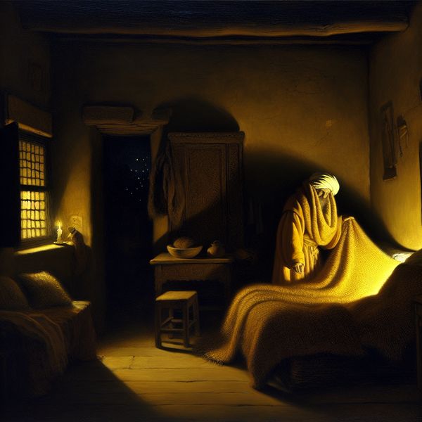 Voorbereiding op de komende nacht - warme sfeer in Rembrandt-licht Persoon bereidt zich voor op de komende nacht door een extra wollen deken op bed te leggen in een sfeervolle, door kaarslicht verlichte slaapkamer in Rembrandt-stijl