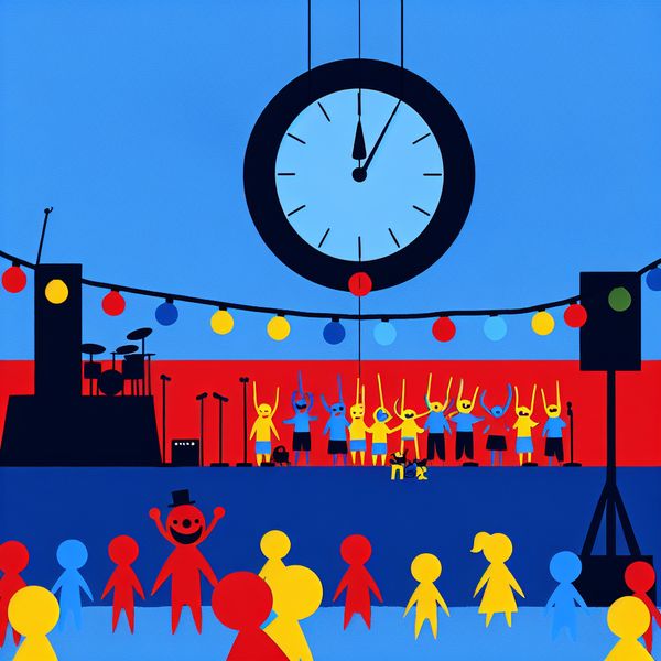 Voorbereiding op een Concert: Klok Strikt Zeven Minimalistische illustratie van een concert dat op het punt staat te beginnen, met een klok die zeven uur slaat en een opgewonden menigte onder lichtjes.