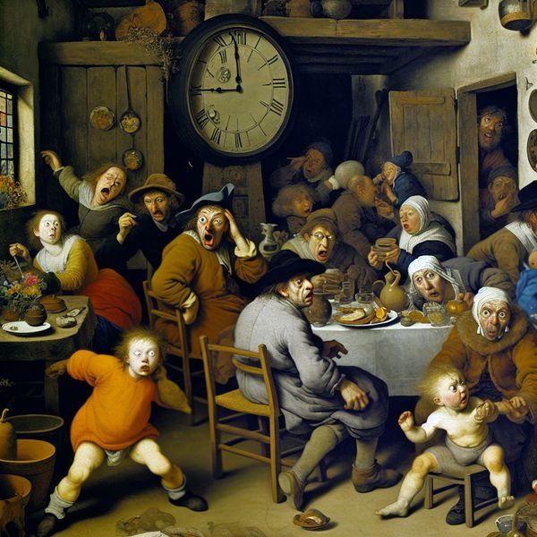 Voorbereidingen voor een belangrijke gebeurtenis in een Nederlands dorp Illustratie van een chaotische scene in een Nederlands dorp, met een verbaasde familie rond een tafel terwijl de klok bijna een belangrijke gebeurtenis aangeeft.