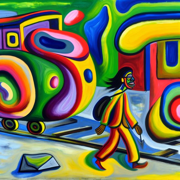Abstracte voorstelling van een persoon die snel langs een kleurrijk treinstation loopt, in de expressieve stijl van Karel Appel, met dynamische penseelstreken en felle kleuren