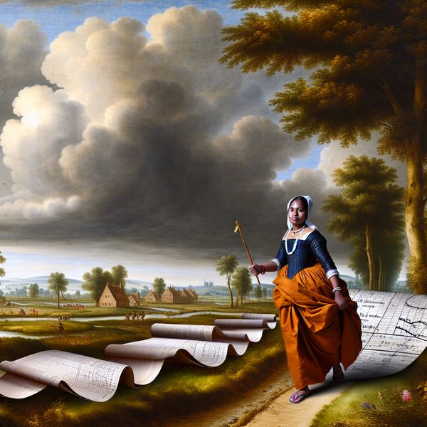 Voordeel en vooruitgang in Nederlands landschap: symboliek van succes en groei 17e-eeuwse Nederlandse landschapsschildering met een vrouw die documenten draagt, symboliserend voordeel en vooruitgang met opwaartse groeigrafieken