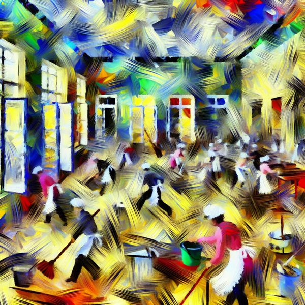Abstract expressionistisch schilderij van een levendige voorjaarsschoonmaak met stofwolken, bezems, dweilen en energieke figuren in beweging
