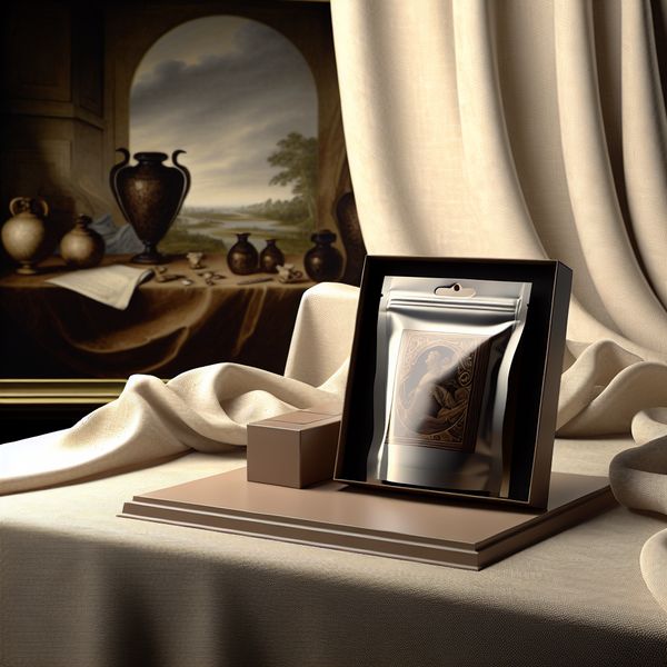 Voorkant van verfijnde productverpakking voor taal leren Elegant productverpakking op een verfijnde tafel, met zachte stoffen en warme verlichting