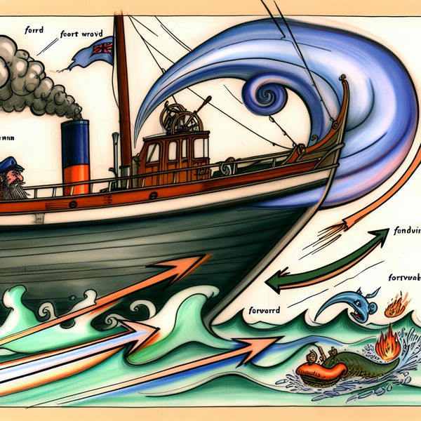 Voorkant van een schip in beweging - cartoon illustratie voor taalonderwijs Cartoon schip dat met hoge snelheid vooruit vaart, met de voorkant van het schip prominent in beeld en dynamische golven en rook uit de schoorsteen