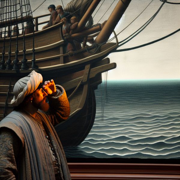Voorkant van een schip: historische zeilboot met kapitein in Vermeer-realisme Kapitein op de voorkant van een 17e-eeuws Nederlands zeilschip, turend over een kalme zee in Vermeer-stijl