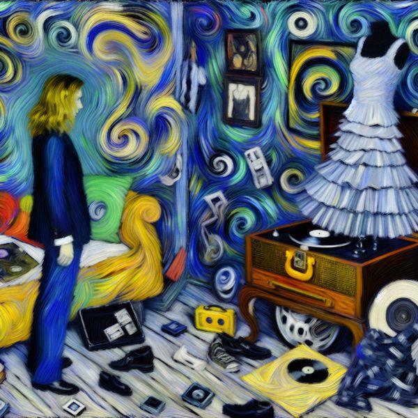 Persoon met een afkeurende blik kijkt naar een saaie jurk in een levendige, Van Gogh-achtige kamer vol muziek en kleurrijke voorwerpen die persoonlijke voorkeuren uitbeelden