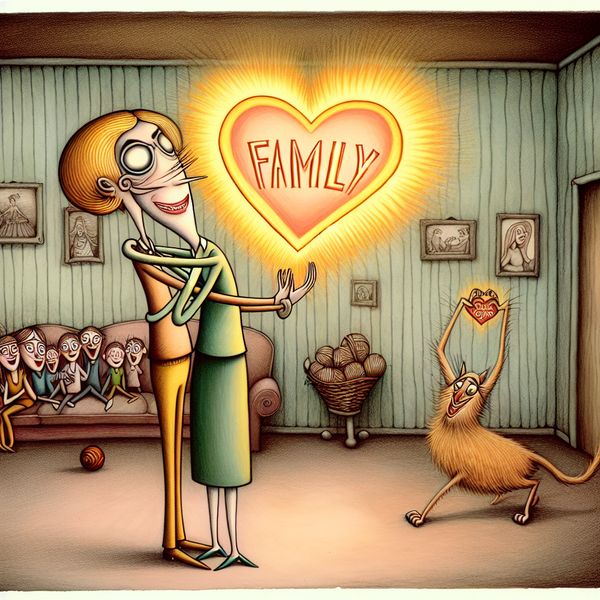 Voorkeur geven aan familie boven werk - Taal leren Nederlands Cartoon van een moeder die een gloeiend hart met het woord 'familie' vasthoudt, hoger dan een aktetas met 'werk', symboliserend dat familie prioriteit heeft