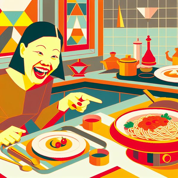 Retro-futuristische illustratie van een persoon die enthousiast wijst naar een bord spaghetti bolognese, hun absolute voorkeur, in een gezellige keuken met geometrische vormen en warme kleuren