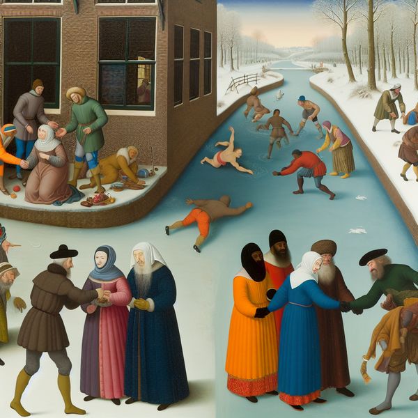 Gedetailleerde wintertafereel van een bevroren kanaal met mensen die afspraken maken en een ongeluk voorkomen, in de stijl van Hendrick Avercamp