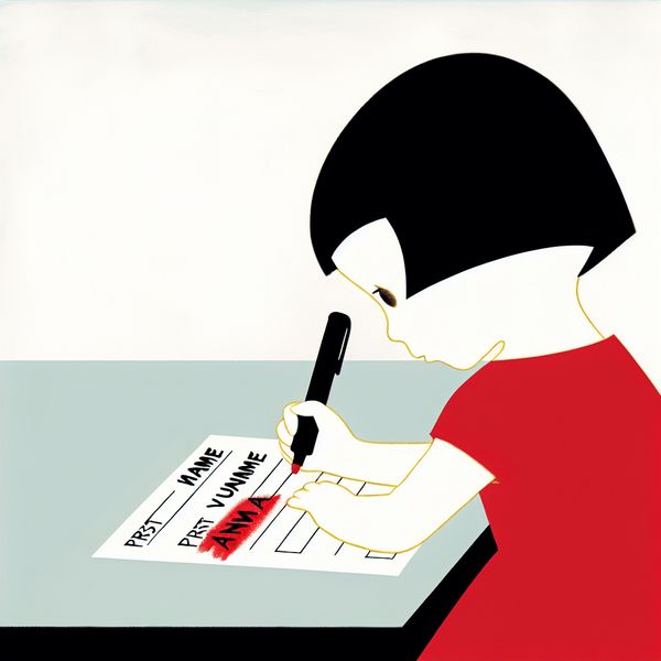Illustratie van een meisje genaamd Anna die haar voornaam en achternaam invult op een formulier met de labels 'Voornaam' en 'Achternaam'