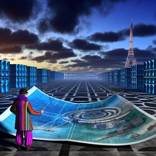 Voornemen visualiseren: realistisch surrealistisch plan voor de toekomst met stappen en reisroute Persoon met groot doorzichtig blauwdrukplan in lege stadsplein, symboliserend voornemen en toekomstplanning met stappen naar Eiffeltoren