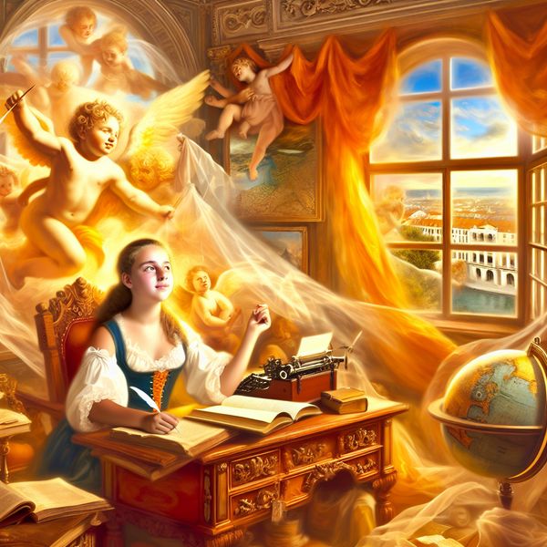 Voornemen voor de toekomst: barokke inspiratie voor taal- en levensdoelen Jonge vrouw aan een bureau met boeken, kaarten en een globe, diep in gedachten over haar toekomstige voornemen, omgeven door barokke symboliek van ambitie en succes