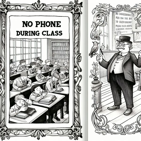 Klaslokaal voorschrift tegen telefoongebruik tijdens de les - Nederlandse taal leren Cartoonachtige klaslokaalscène met strenge maar komische leraar die wijst naar een bord met de regel 'GEEN TELEFOON TIJDENS DE LES', terwijl leerlingen schuldbewust naar hun telefoons gluren