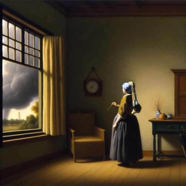 Persoon bij raam kijkt naar dreigende wolken, symboliserend voorspellen van weer en toekomst in Vermeer-stijl schilderij