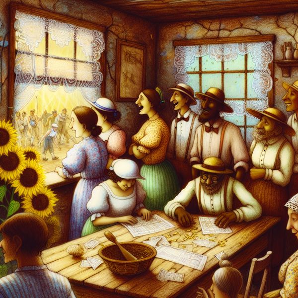 Voorspellingen en weddenschappen in een rustieke ambiance Groep mensen rond een rustiek houten tafel, druk in gesprek over hun weddenschappen in een gezellige kamer