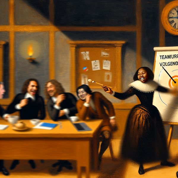 Voorstel doen in vergadering: teamuitje volgende week bespreken Een levendige vergaderingsscène in de stijl van Frans Hals, waarbij een persoon een voorstel doet voor een teamuitje volgende week, omringd door aandachtige collega's