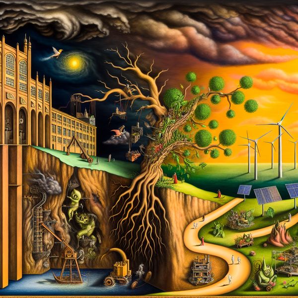 Symbolisch voortbestaan van bedrijven: duurzame energie en toekomstvisie Surrealistisch landschap in de stijl van Jheronimus Bosch dat het voortbestaan van bedrijven en duurzame energie symboliseert, met een boom die transformeert in windturbines en zonnepanelen
